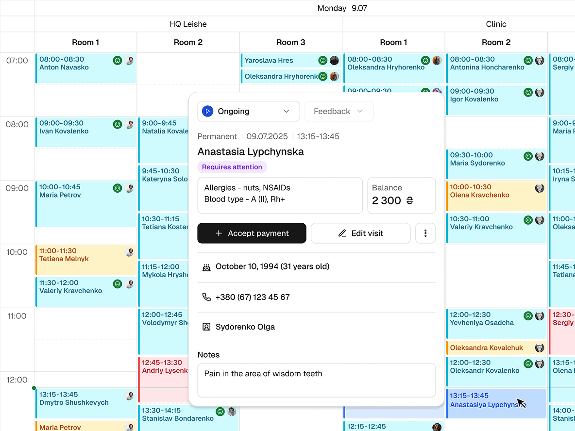 MedForce — інтерфейс розкладу та керування записами